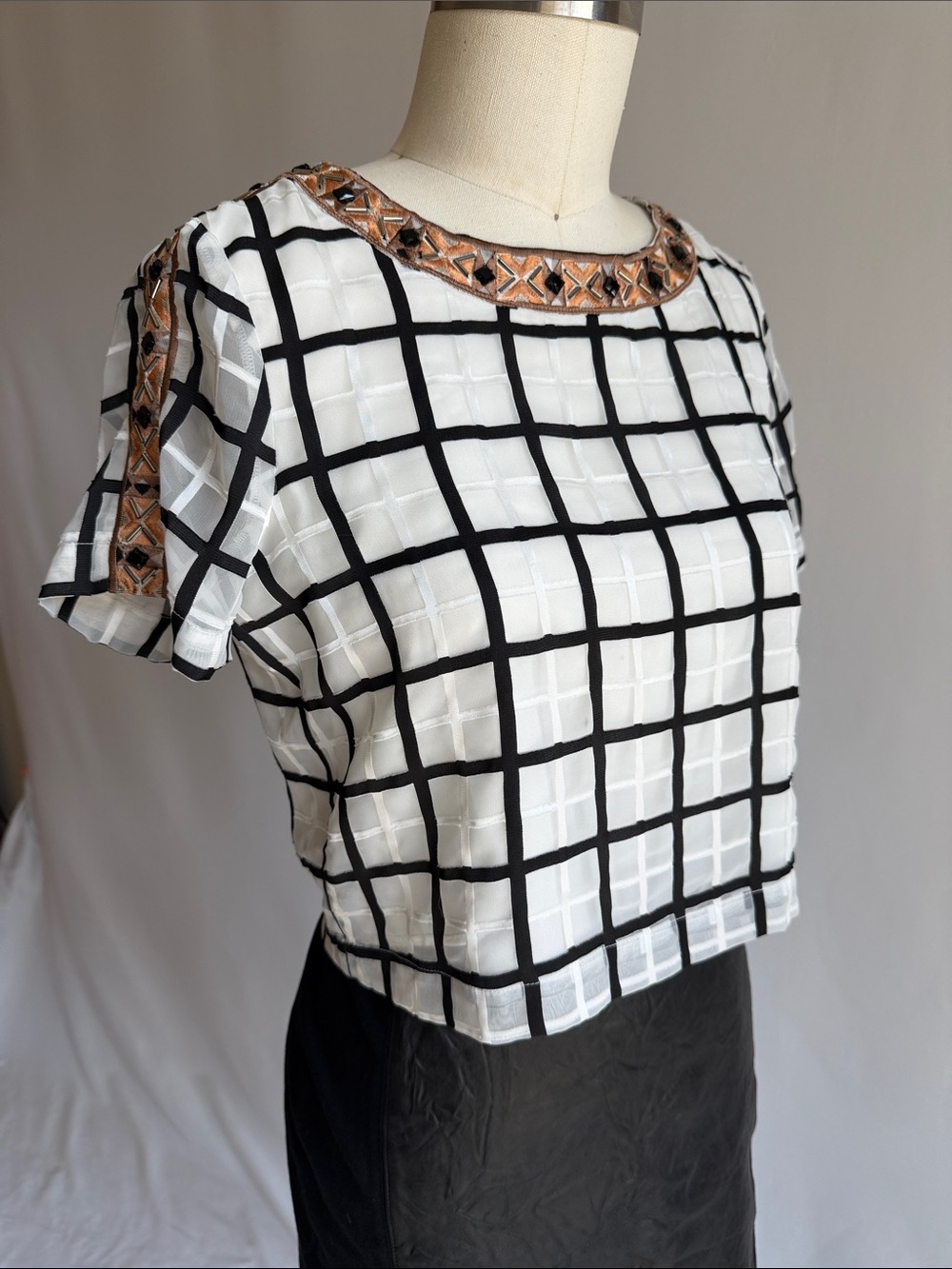 bebe White Grid Crop Top with Black Windowpane and Tan Embroidered Trim